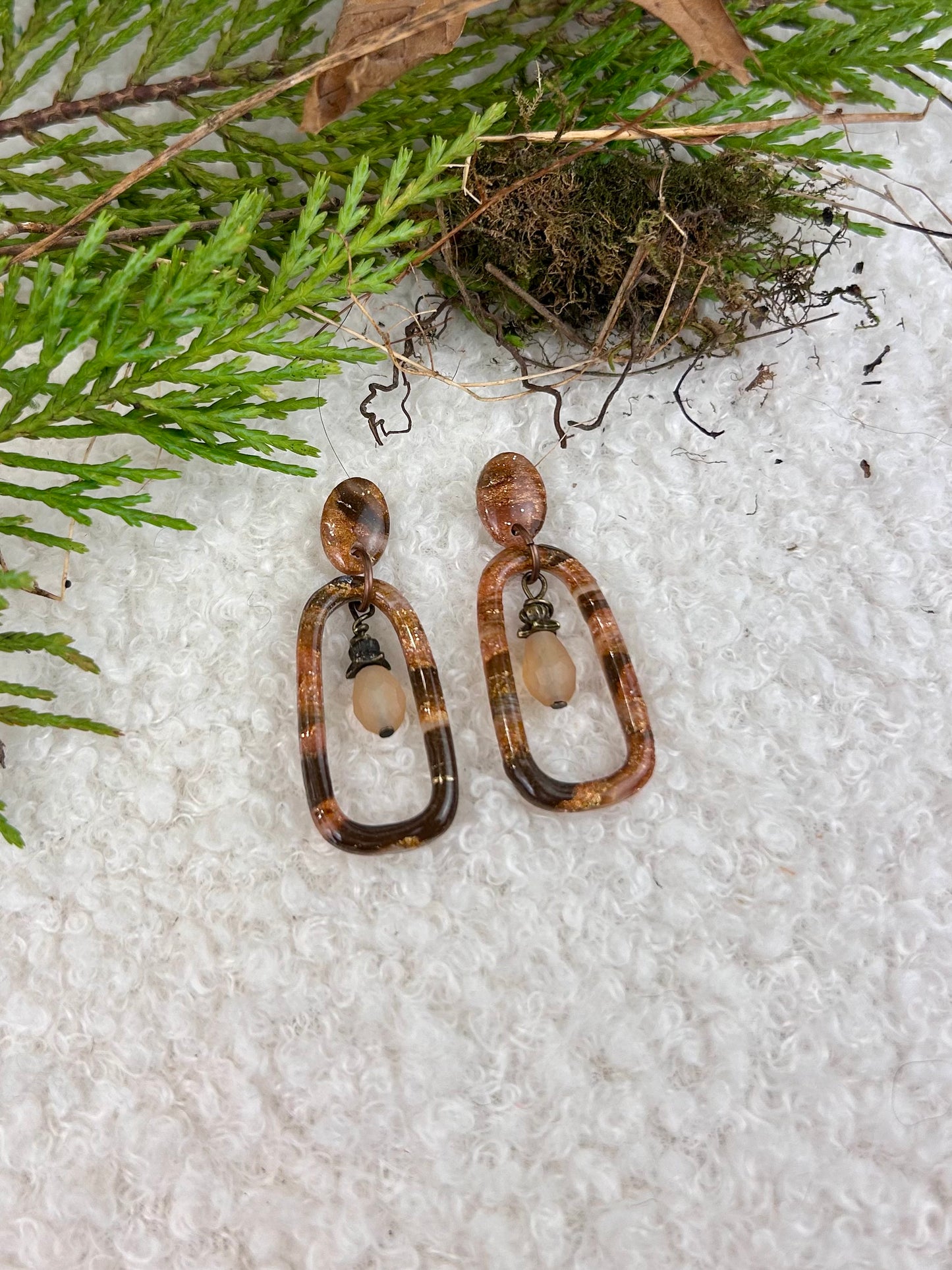 Forest Floor Quartz Dangle Earrings Handmade Brown and Gold