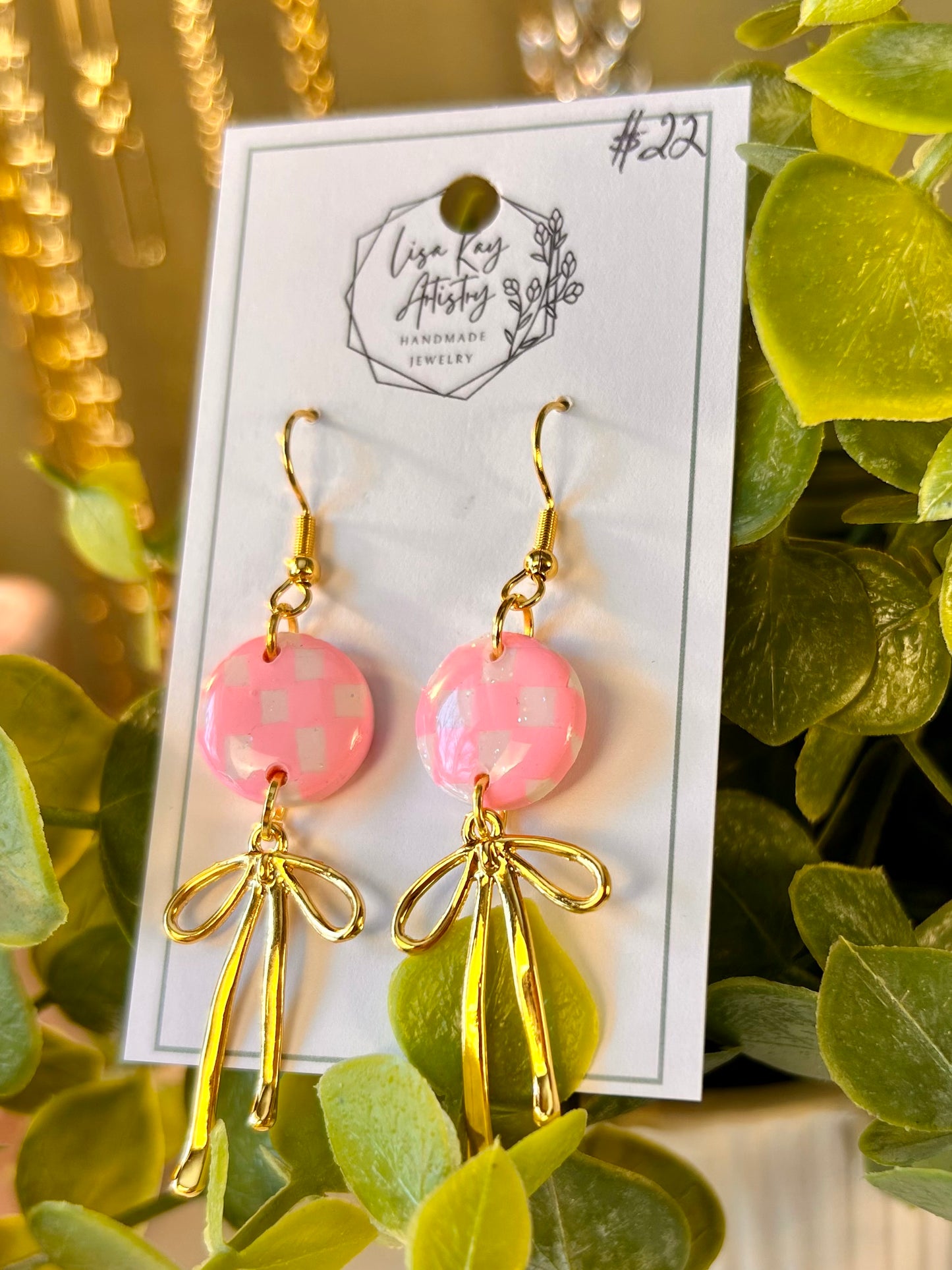 Pink and White Checkered Round with gold Bow Dangle Earrings