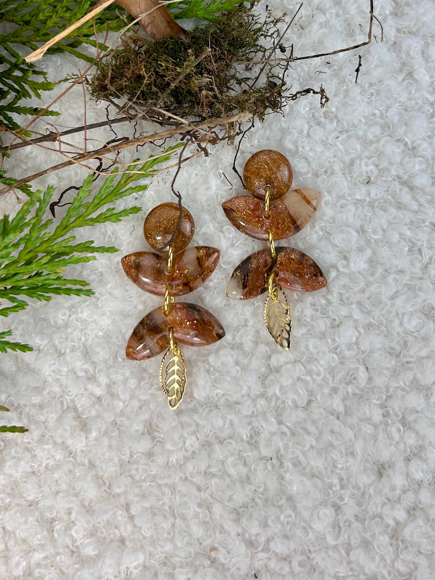 Forest Floor Leaf Stack 1 Dangles Handmade Brown and Gold Earrings