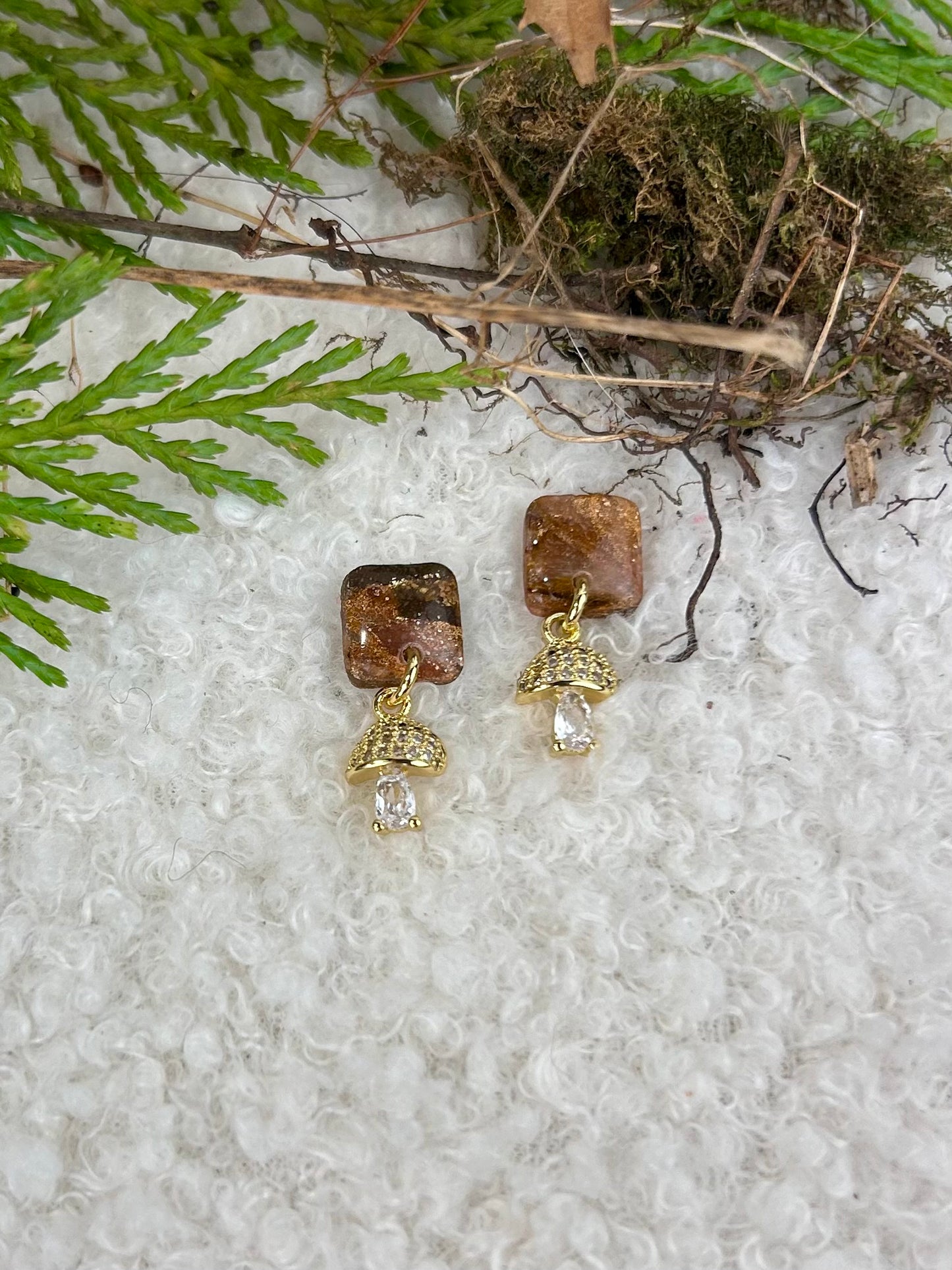 Forest Floor Micro mushroom Dangle Earrings Handmade Brown and Gold