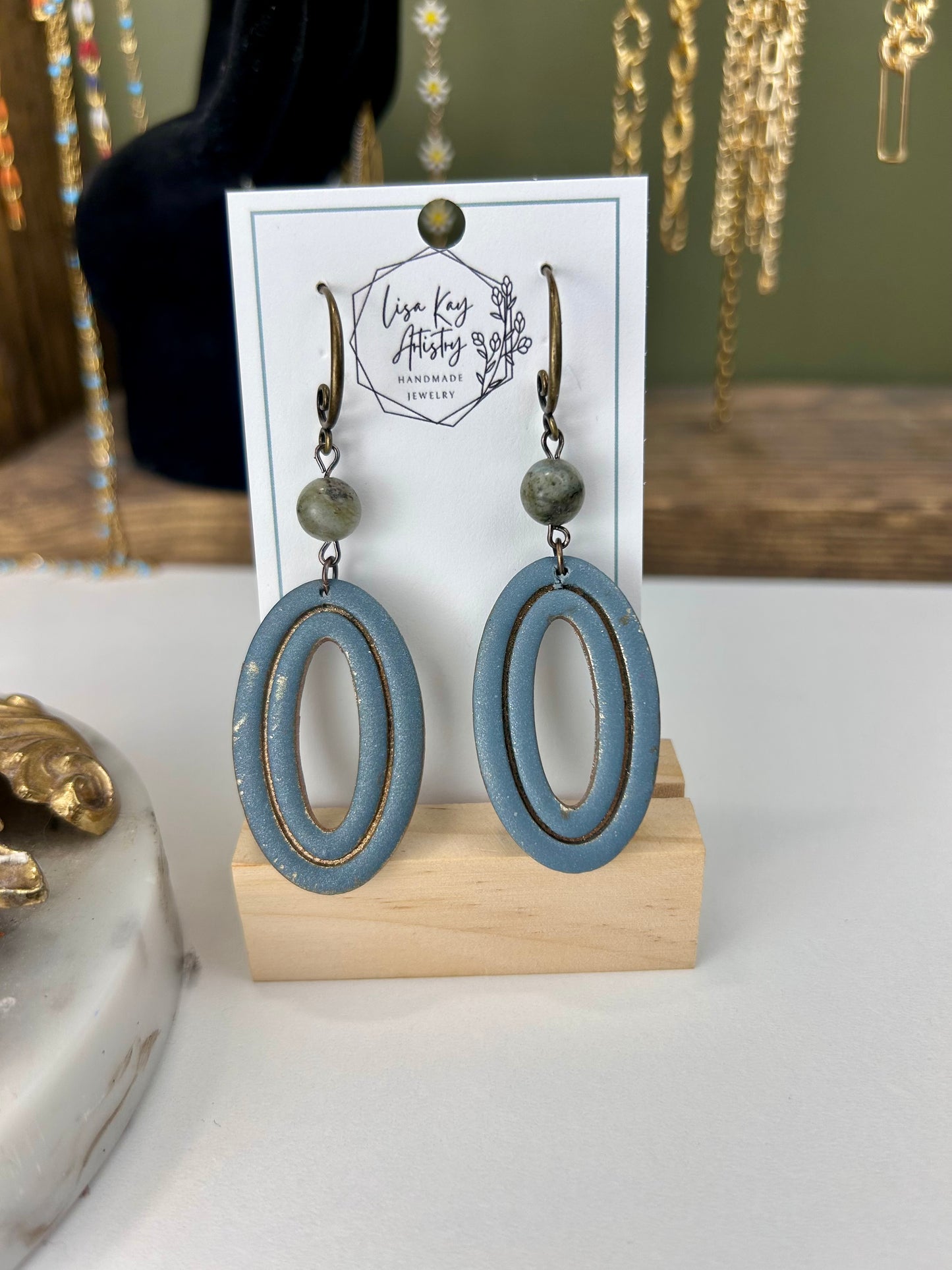 Slate Grey Embossed Oval Earrings with Amazonite Beads – Handmade Polymer Clay Jewelry