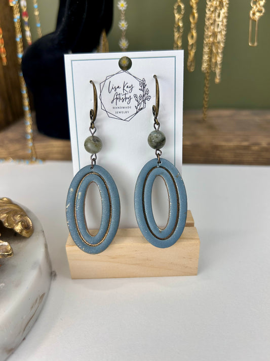 Slate Grey Embossed Oval Earrings with Amazonite Beads – Handmade Polymer Clay Jewelry