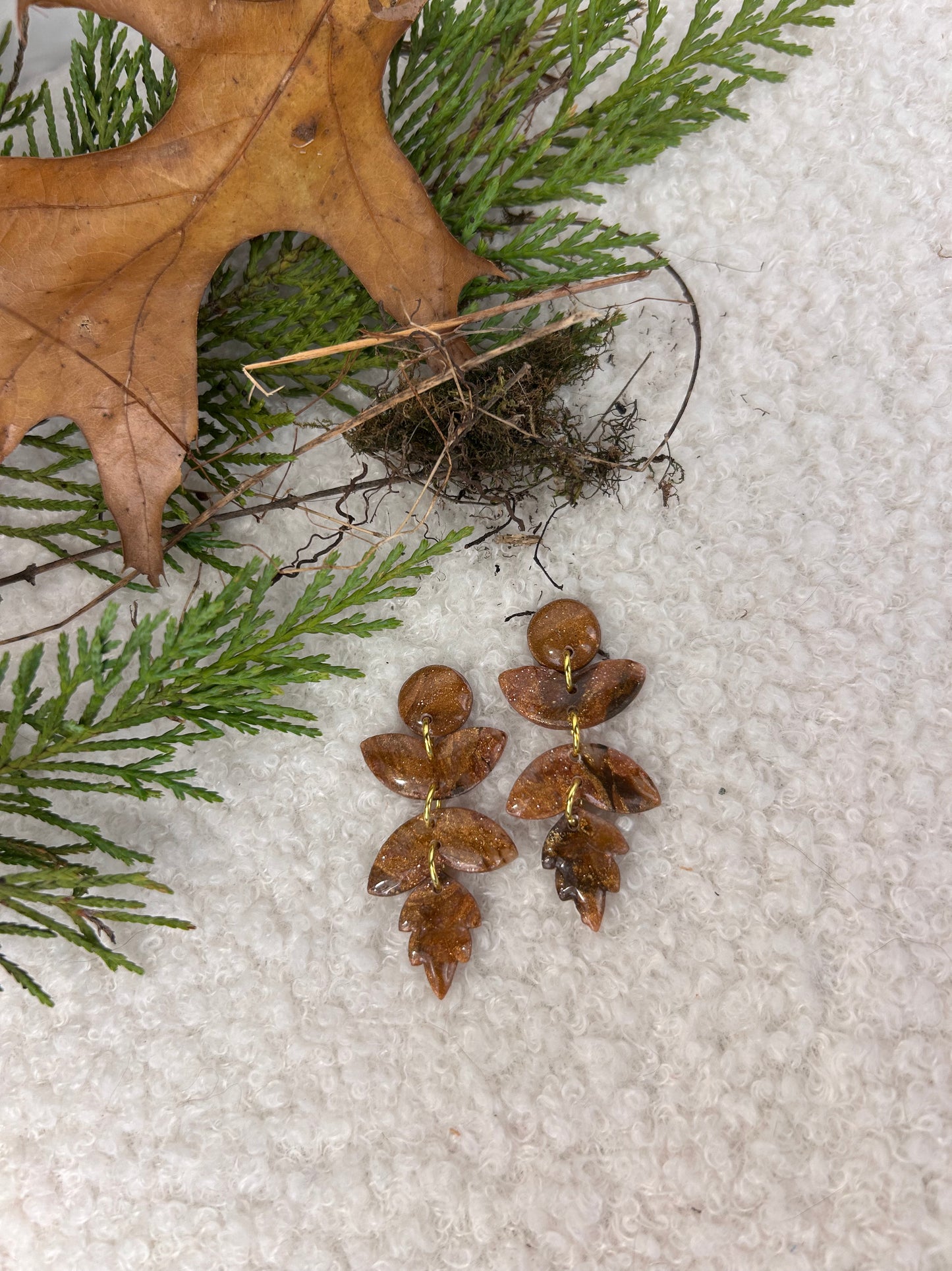Forest Floor Leaf Stack 2 Gold Dangles handmade Brown and Gold Earrings