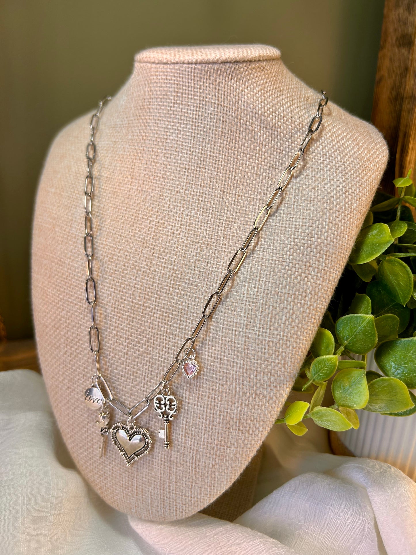 Paperclip Chain Hearts & Love Necklace Stainless Steel with 5 Charms