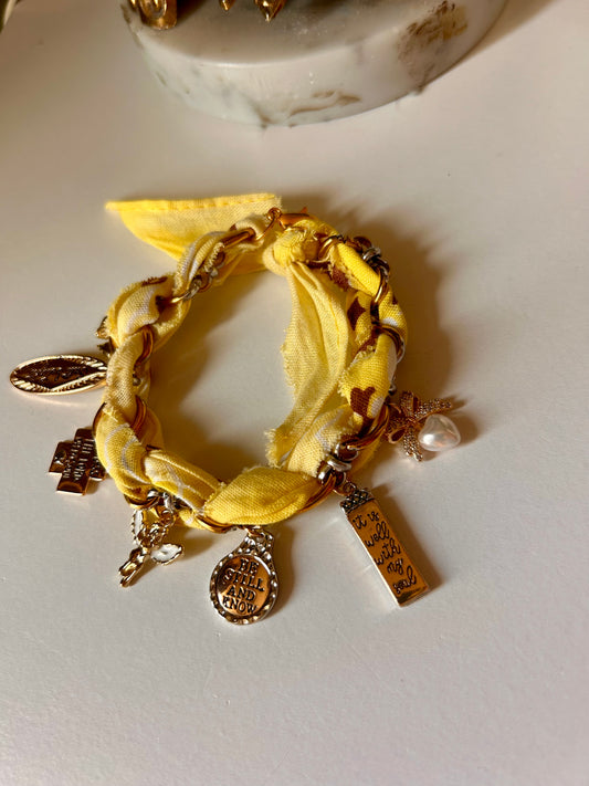 Raw Edge Bandana Ribbon Bracelet on Chains with  Charms
