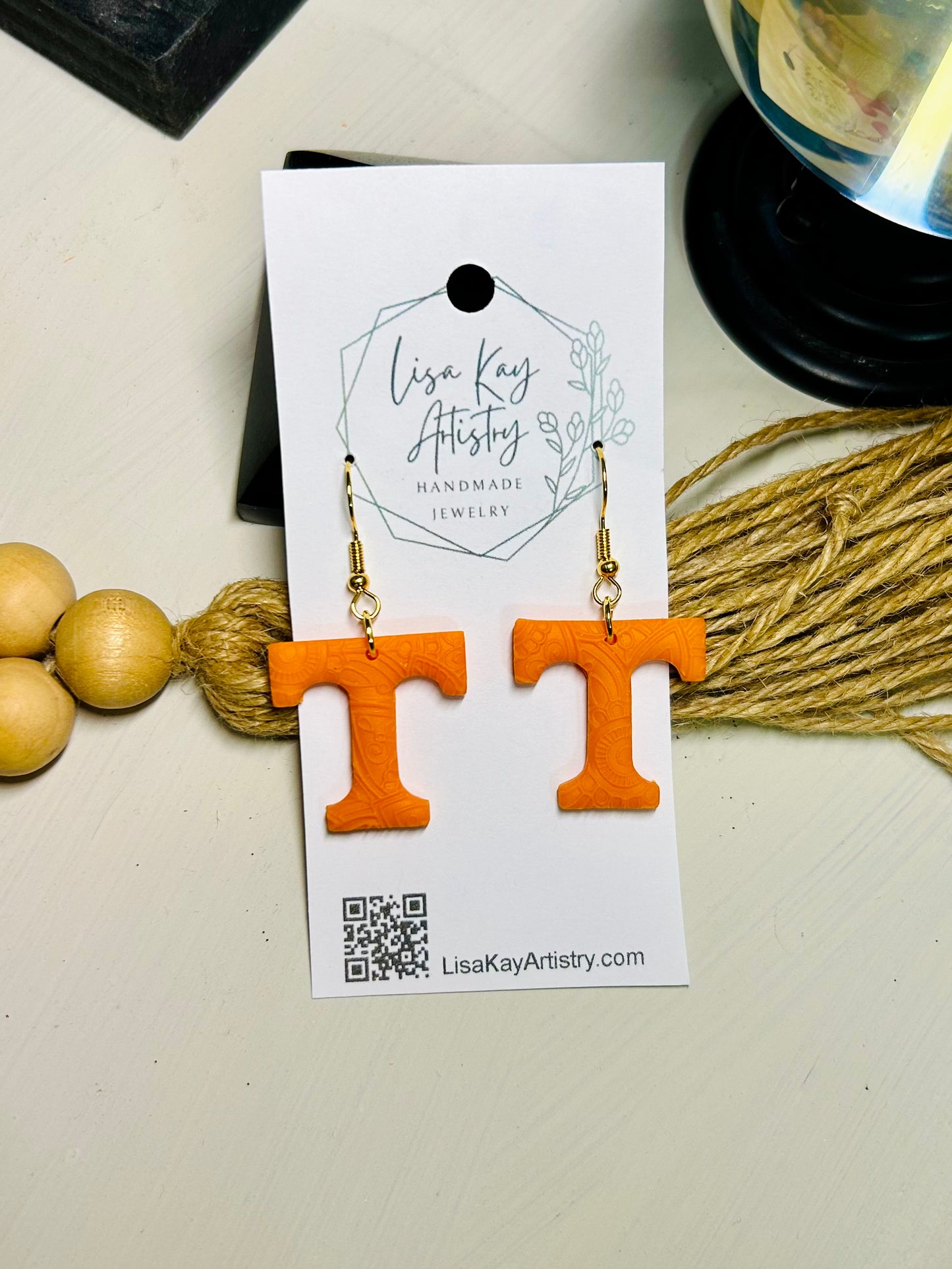 Tennessee T Orange (Textured Embossed Translucent) 1 inch on hoops, hooks or ball studs