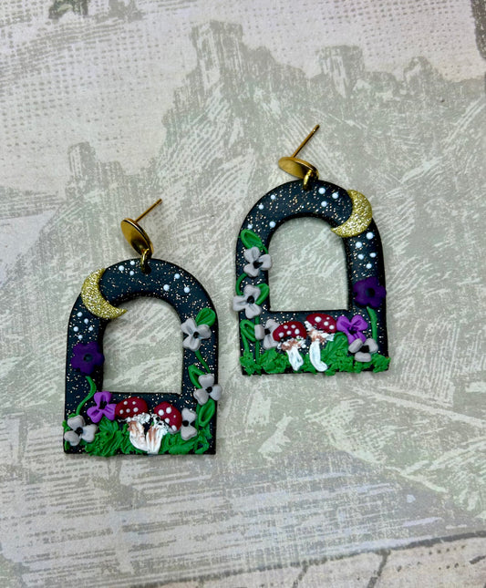 Moon & Mushrooms Window Earrings