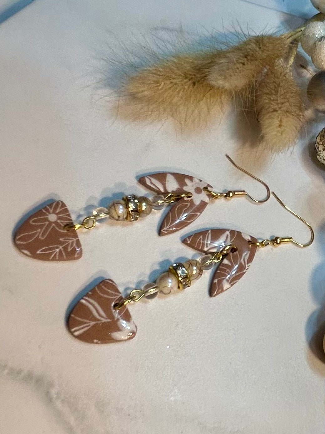 Taupe Botanical dangle with pearls