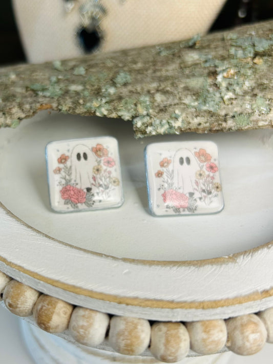 Floral Ghost Square Stud Earrings