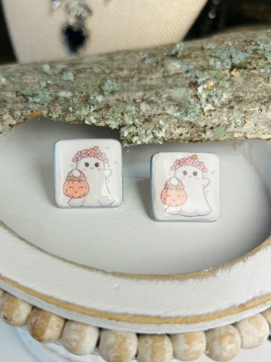 Ghost with pumpkin basket Square Stud Earrings