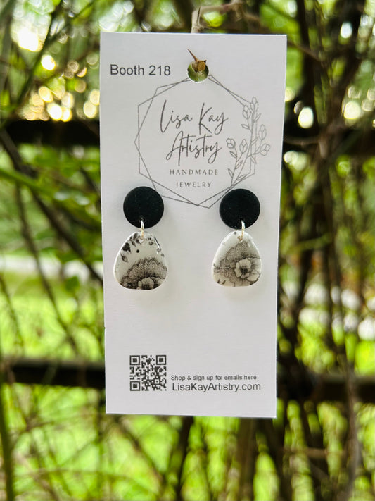 Small Tattoo Art Dangle Earrings – Black & White Line Art with Floral & Spiritual Designs