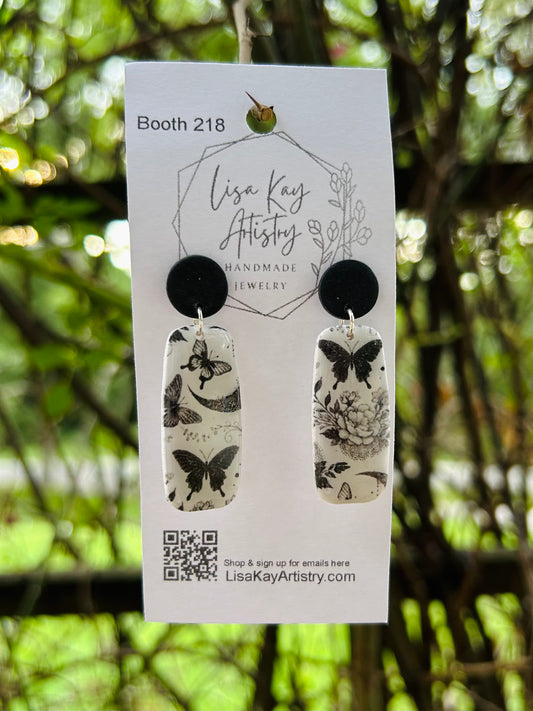 Tattoo Art Rectangle Earrings – Bold Black & White Line Art Jewelry with Butterfly & Floral Designs
