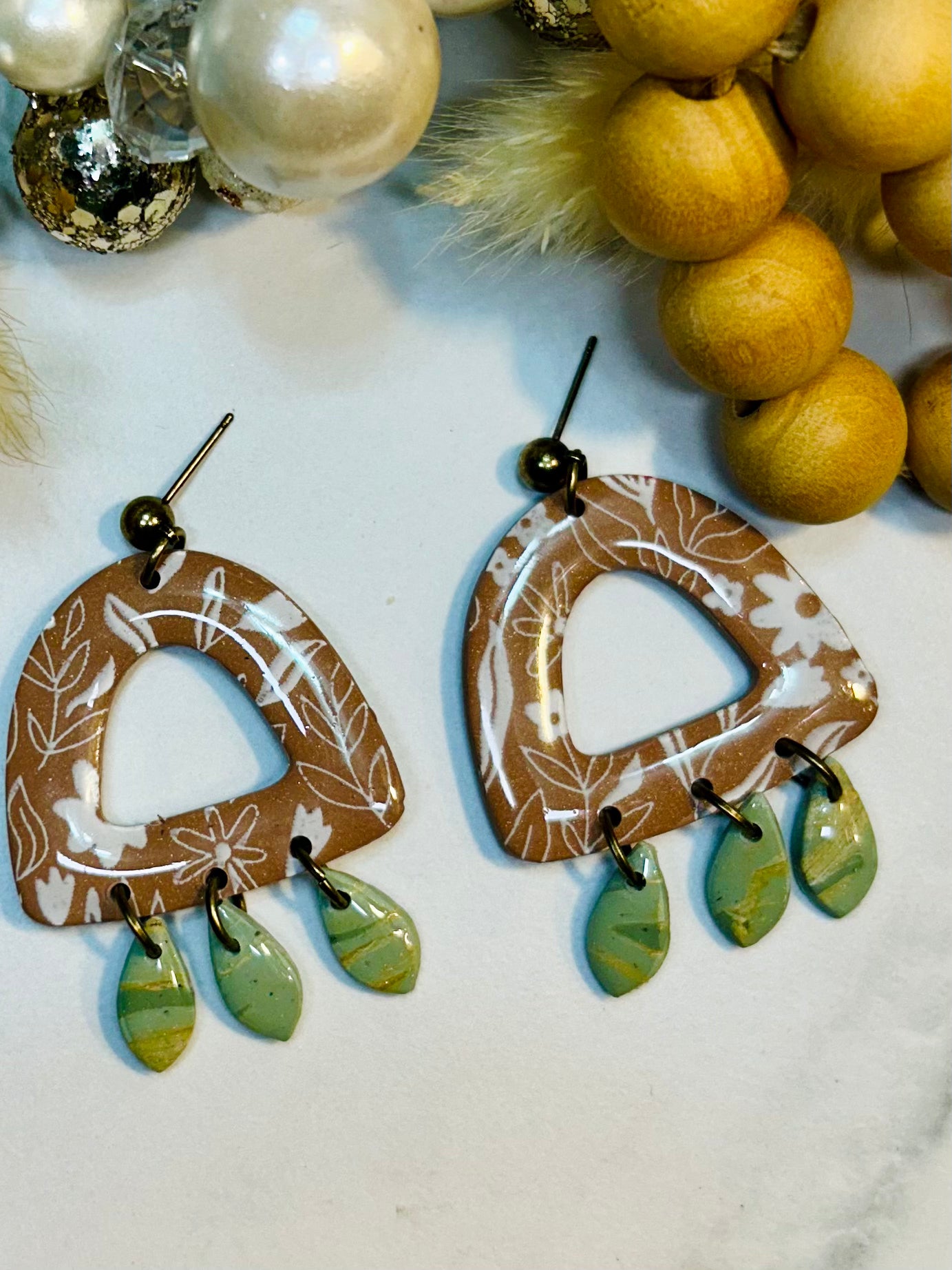 Taupe Botanical open Arch with sage dangles