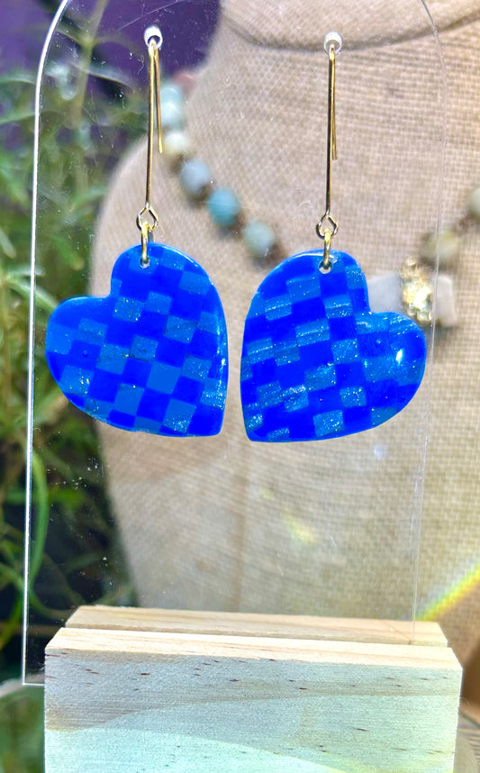 Blue Sky Checkered Heart Drop Dangle