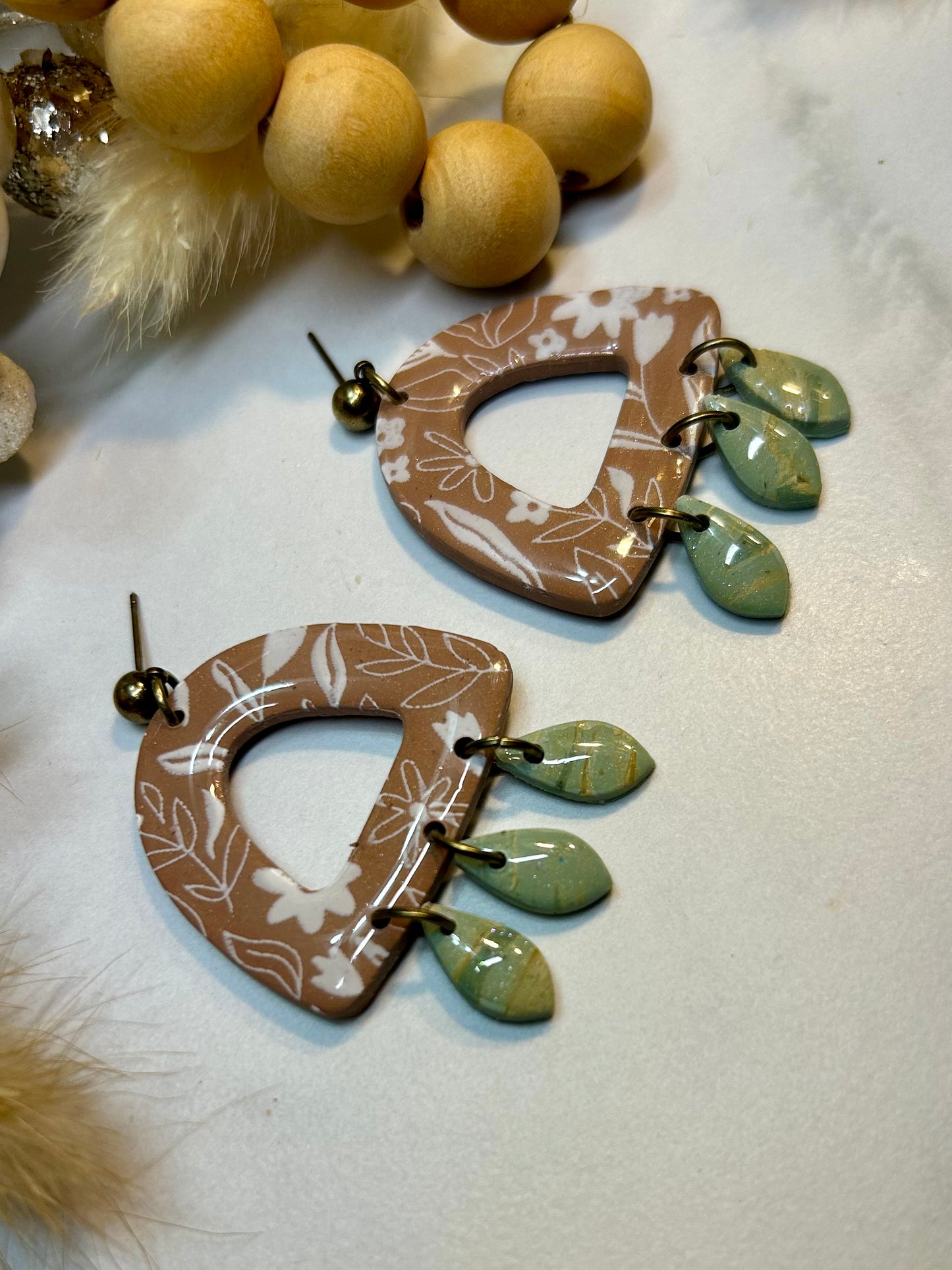 Taupe Botanical open Arch with sage dangles