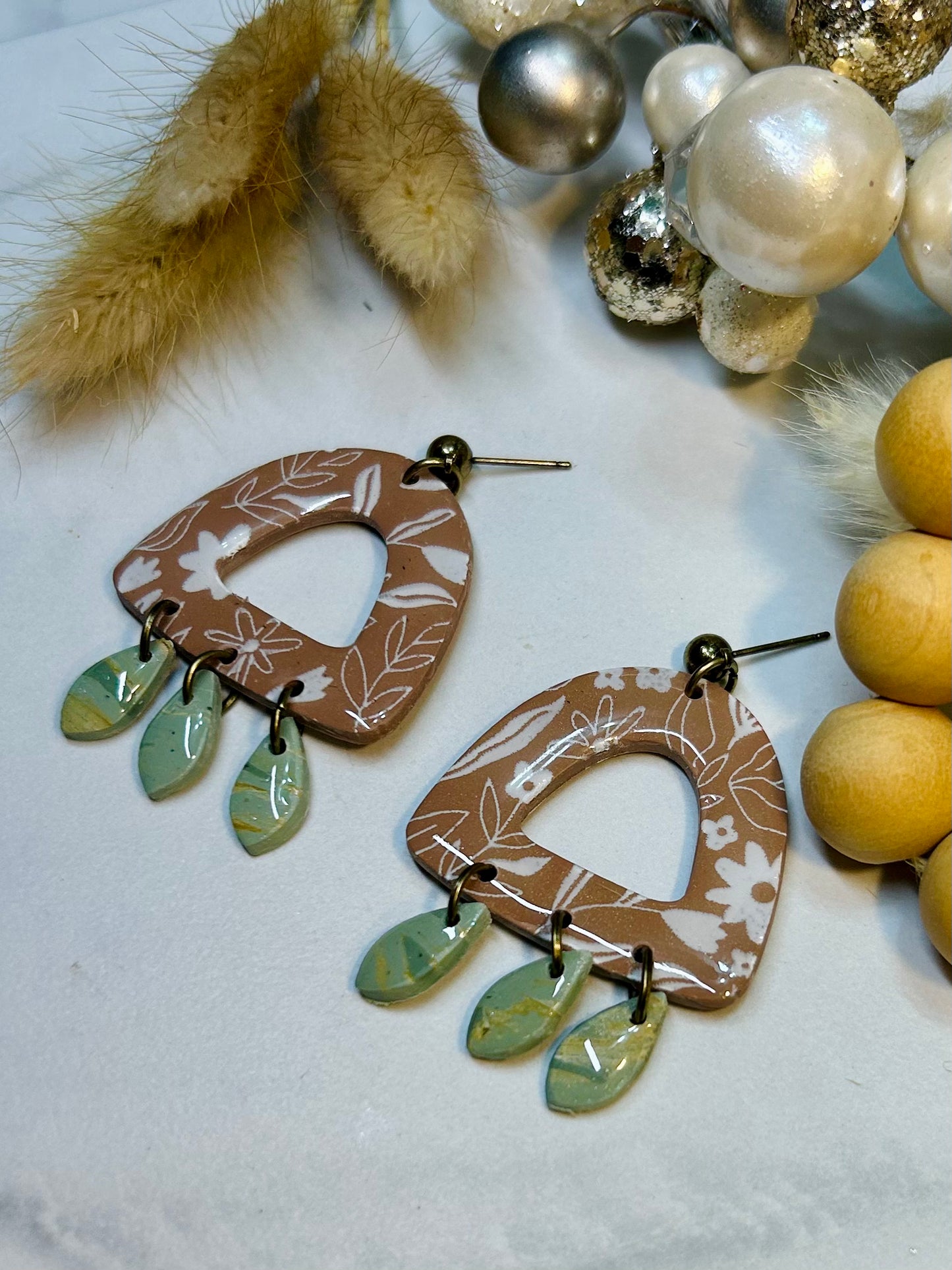 Taupe Botanical open Arch with sage dangles