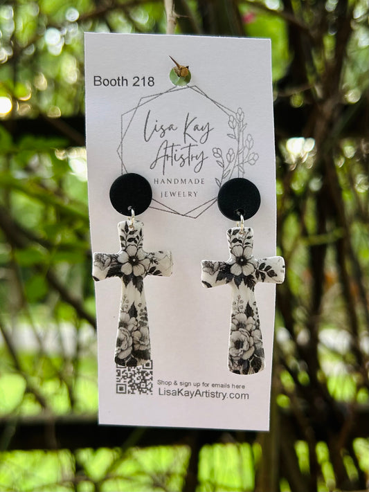 Tattoo Art Cross Earrings – Black & White Spiritual Jewelry with Line Art Designs