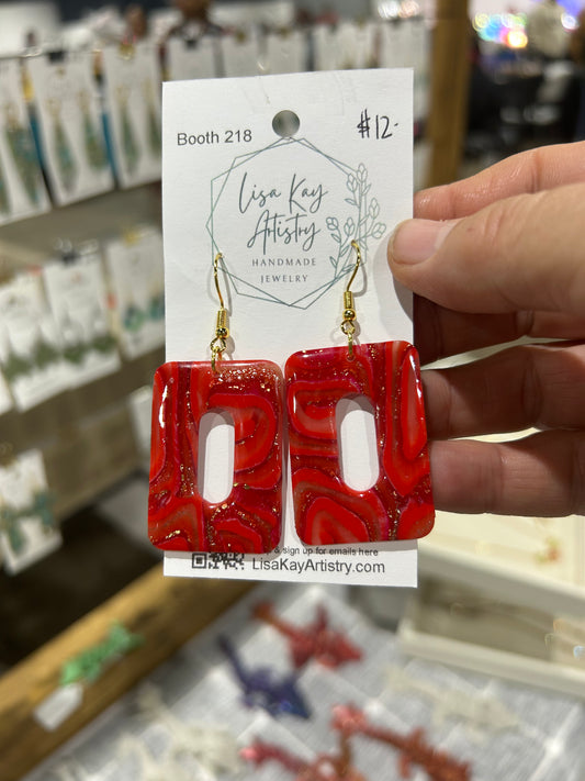 Red Open Square Dangle Earring