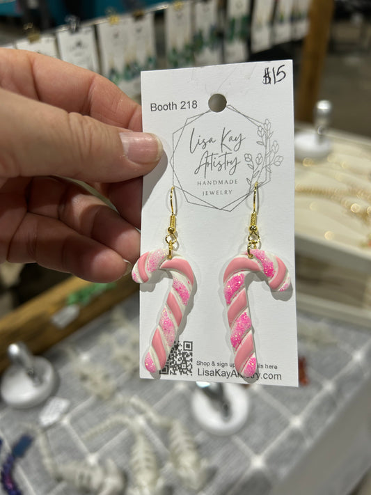 Pink Glitter Candy Cane dangle earrings