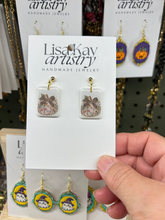 Pumpkins with Leopard Print Bow Dangle Earrings