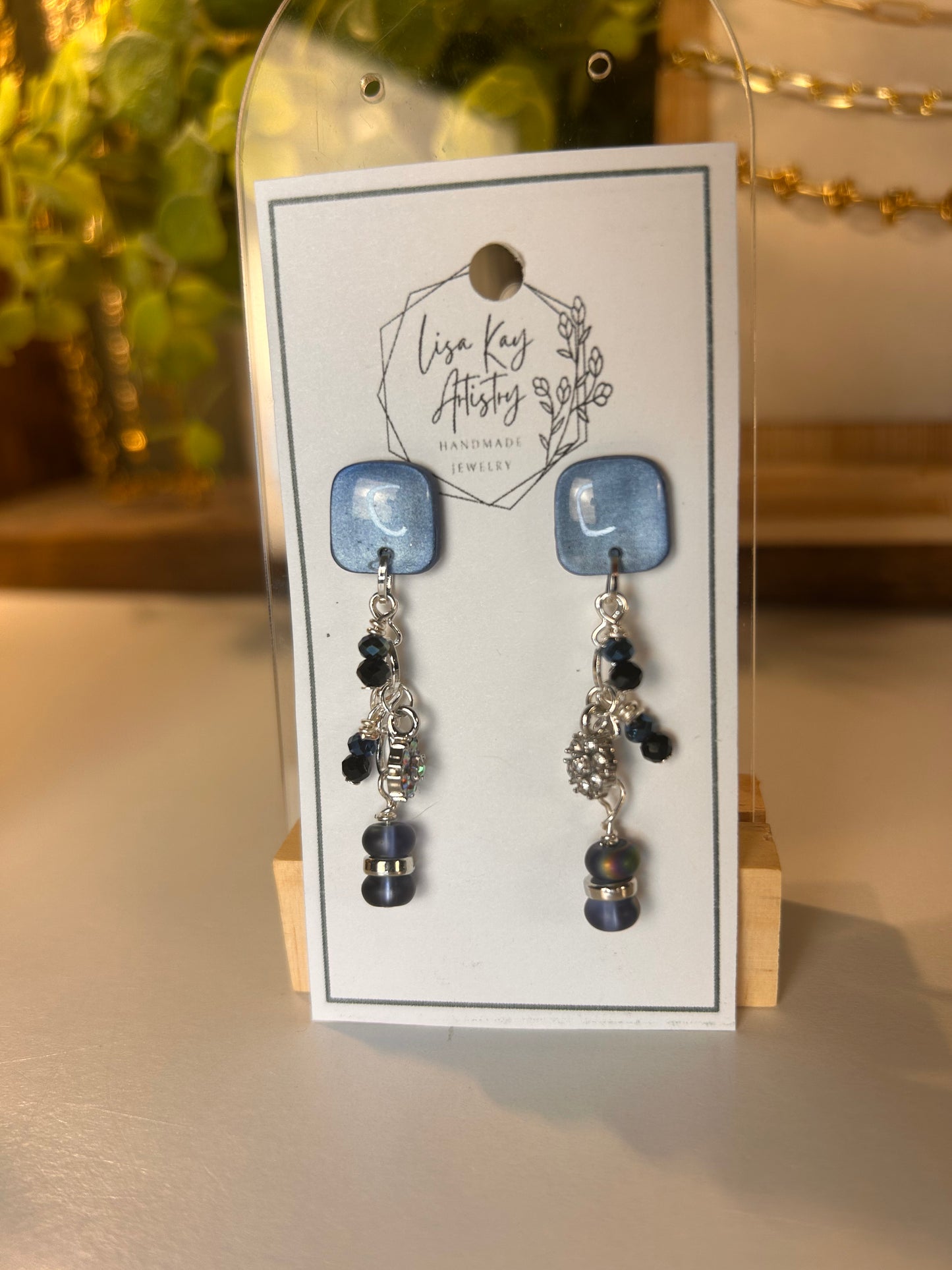 Square Steel Blue Beaded Dangle Earrings
