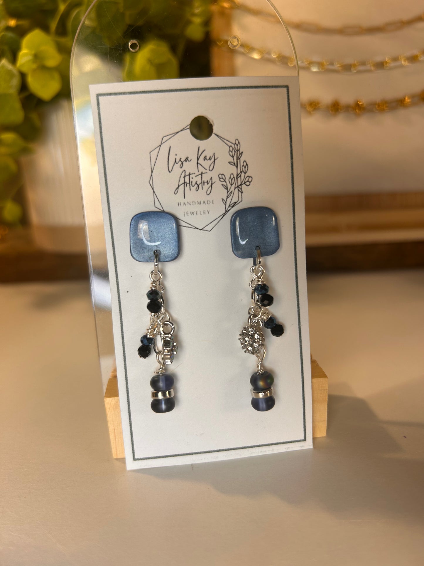 Square Steel Blue Beaded Dangle Earrings
