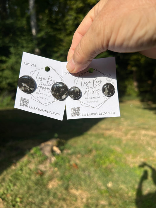 Black Round Studs with Silver Glitter