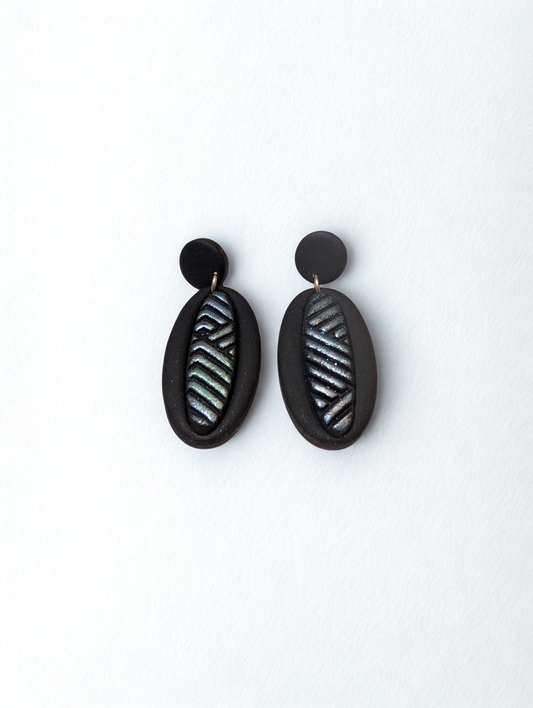 Black Patterned Oval Earrings