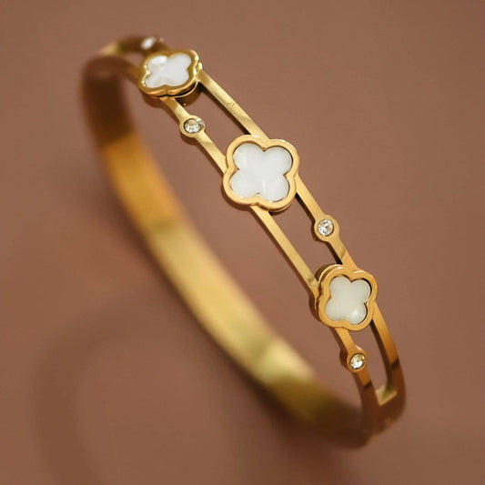 Clover with Inlay Mother of Pearl 18K Gold Plated Stainless Steel Bangle - 7732