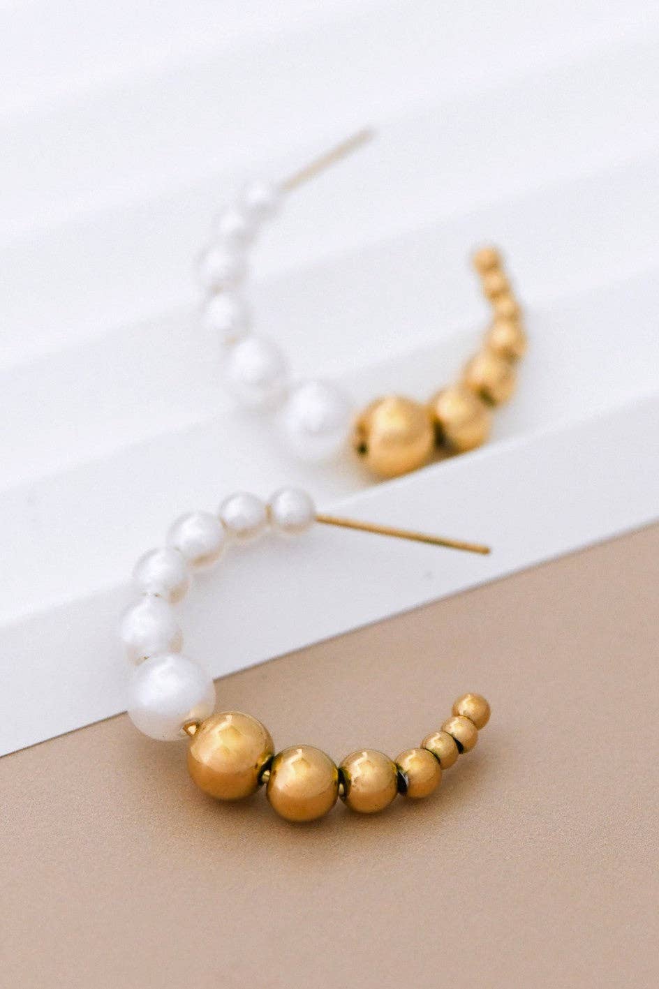 Pearl and Gold Beaded - 18K Gold Plated Stainless Steel Hoop Earrings - 7131