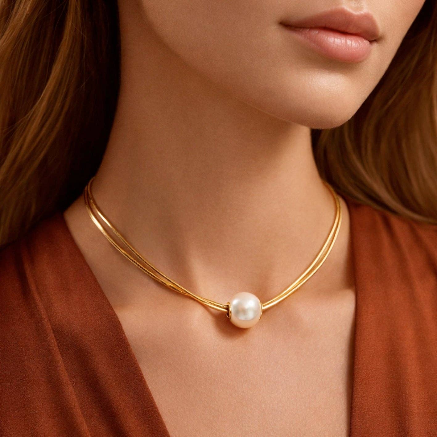 Pearl and 18K Gold Plated Stainless Steel Chain Necklace - 7761