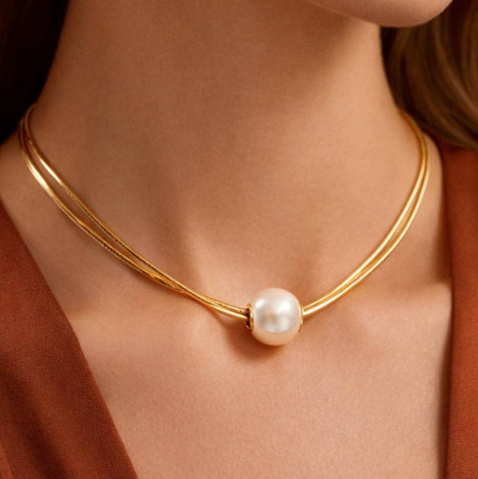 Pearl and 18K Gold Plated Stainless Steel Chain Necklace - 7761