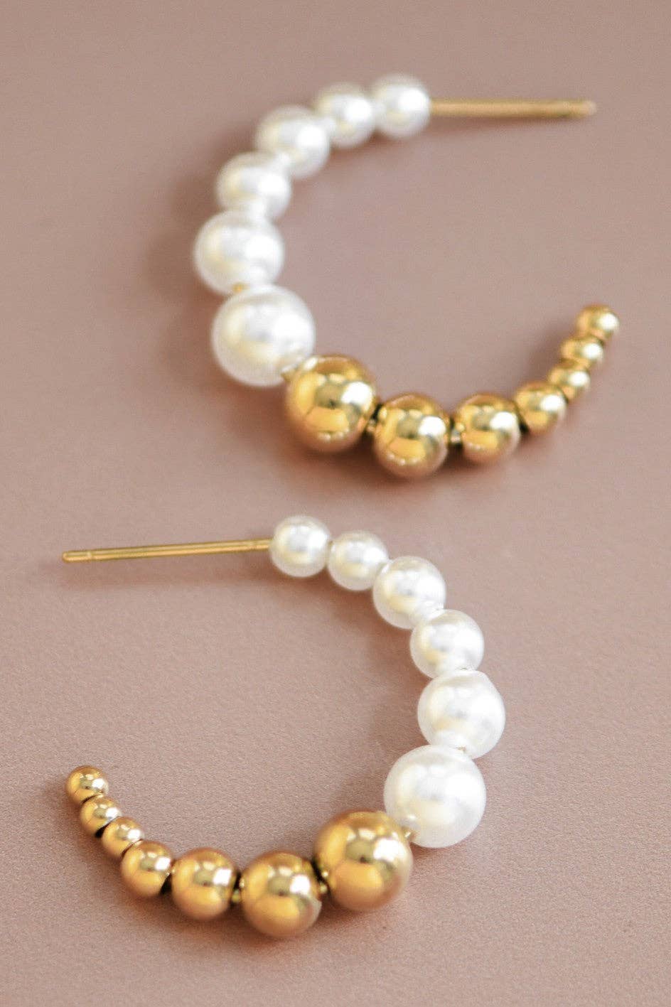 Pearl and Gold Beaded - 18K Gold Plated Stainless Steel Hoop Earrings - 7131