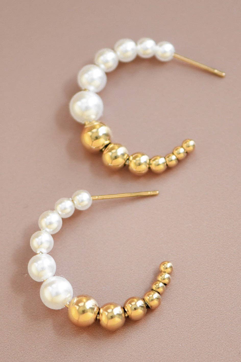 Pearl and Gold Beaded - 18K Gold Plated Stainless Steel Hoop Earrings - 7131