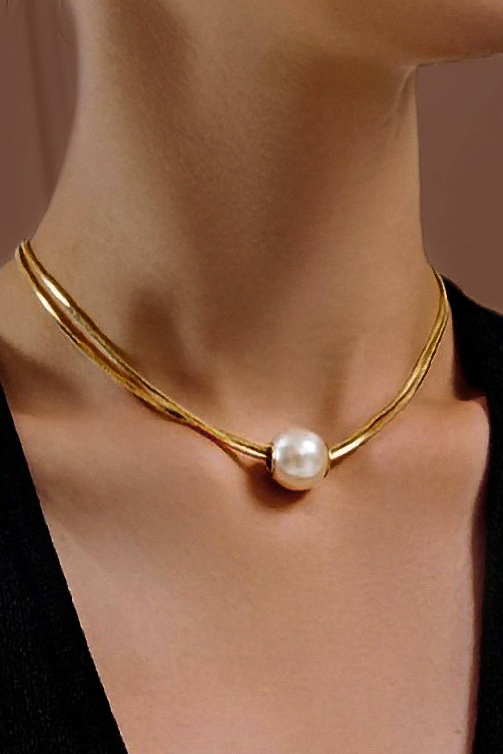 Pearl and 18K Gold Plated Stainless Steel Chain Necklace - 7761