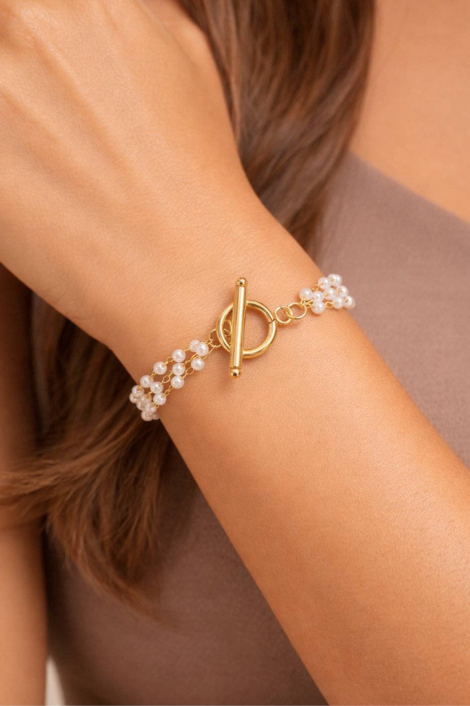 Pearl and 18K Gold Plated Stainless Steel Chain Bracelet - 7561